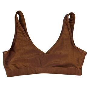 Weworewhat Brown V-Neck Form Fitting Stretch Pullover Ribbed Sports Bra Medium
